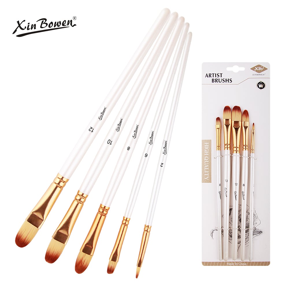 5 Pieces Pearl White Birch Wood Handle Paintbrushes Set