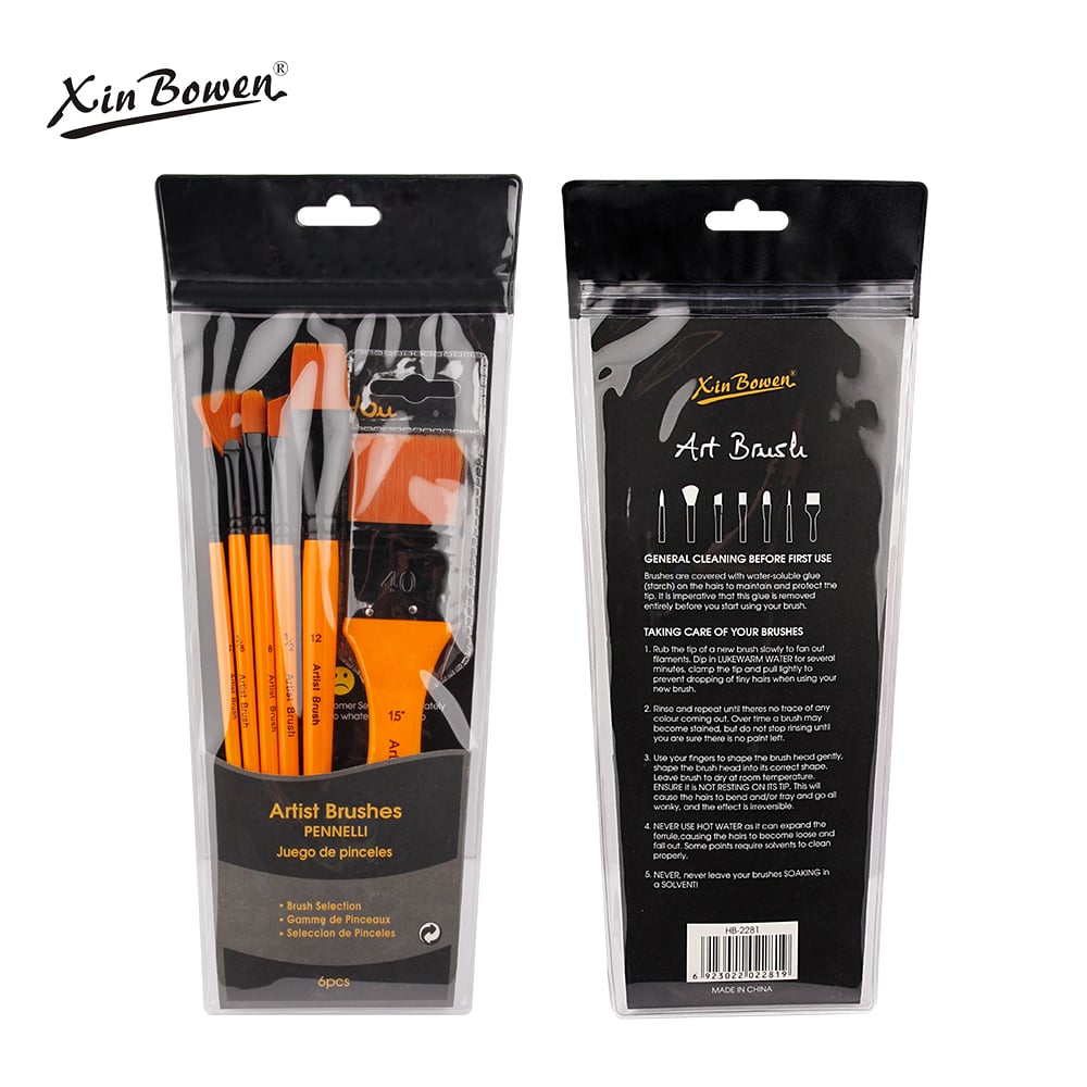 H Style Orange Handle Nylon Hair Art Brush 6 Pcs Paintbrush