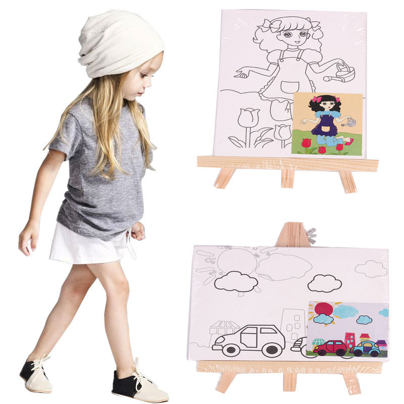 8 Designs Pre-printed Coloring Canvas Sets with Easel